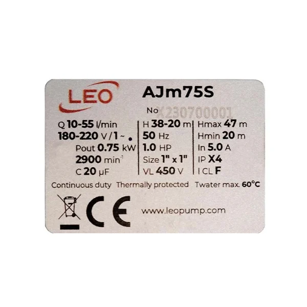 پمپ جتی استیل 1 اسب Leo لئو مدل AJm75S - تصویر 4